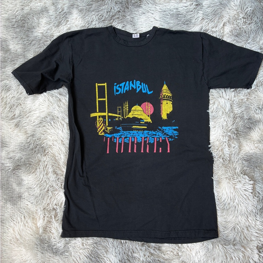 Vintage 90s Large Black Istanbul Turkey Tourist Souvenir Graphic T-Shirt